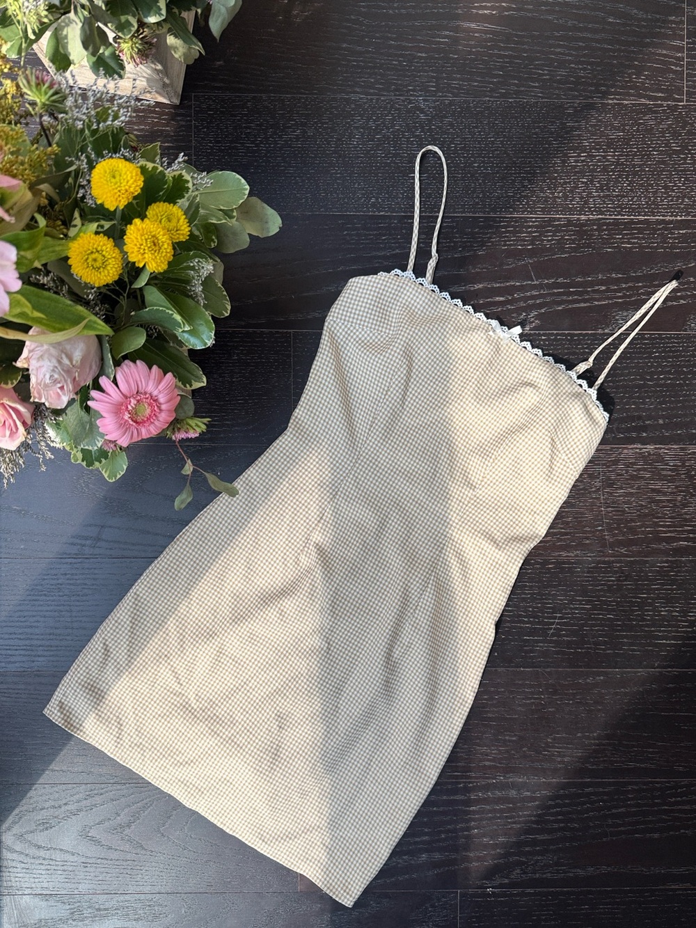 Princess Polly Spaghetti Strap Slip Dress in Beige Gingham